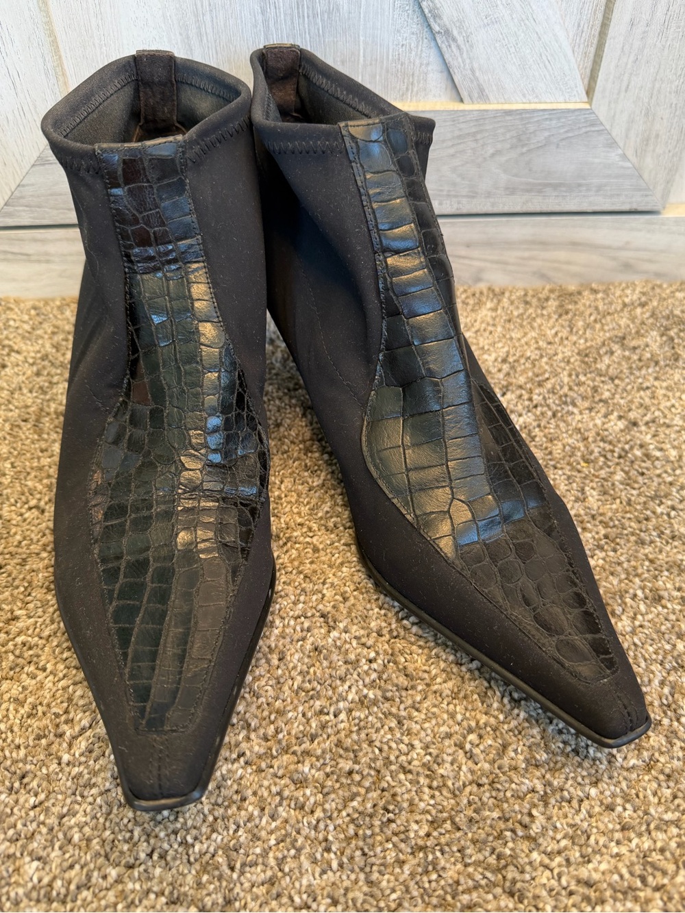 DONALD J PLINAR black leather & stretch canvas pointy toe booties granny 10